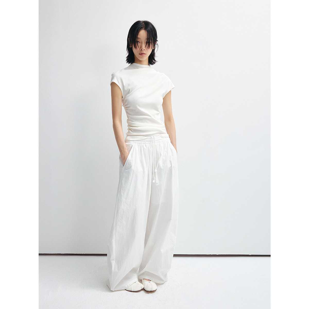 カットソー モックネック リブ半袖カットソー