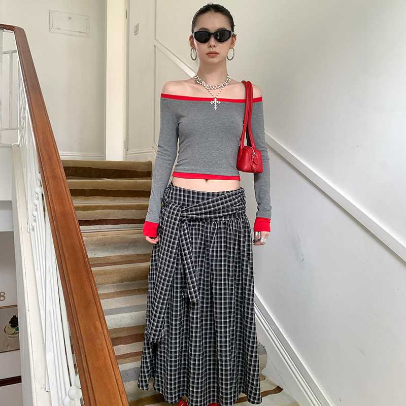 カットソー 肩魅せリブ切替七分袖カットソー