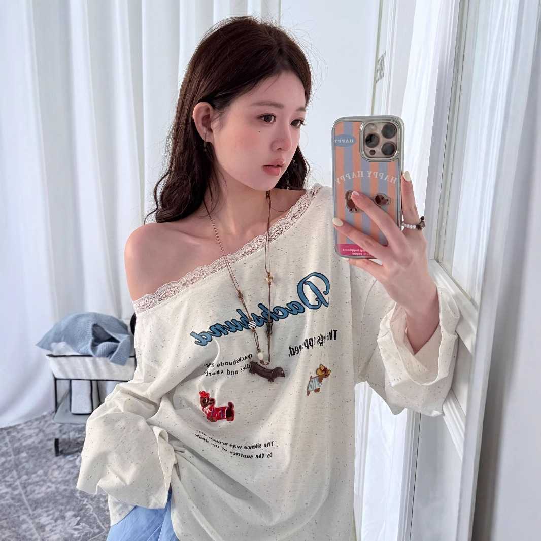 カットソー レース縁取りゆったりボートネック