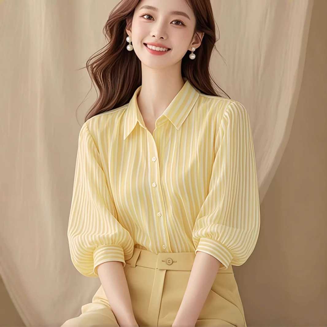 カットソー 縦縞ボリューム袖シャツカットソー