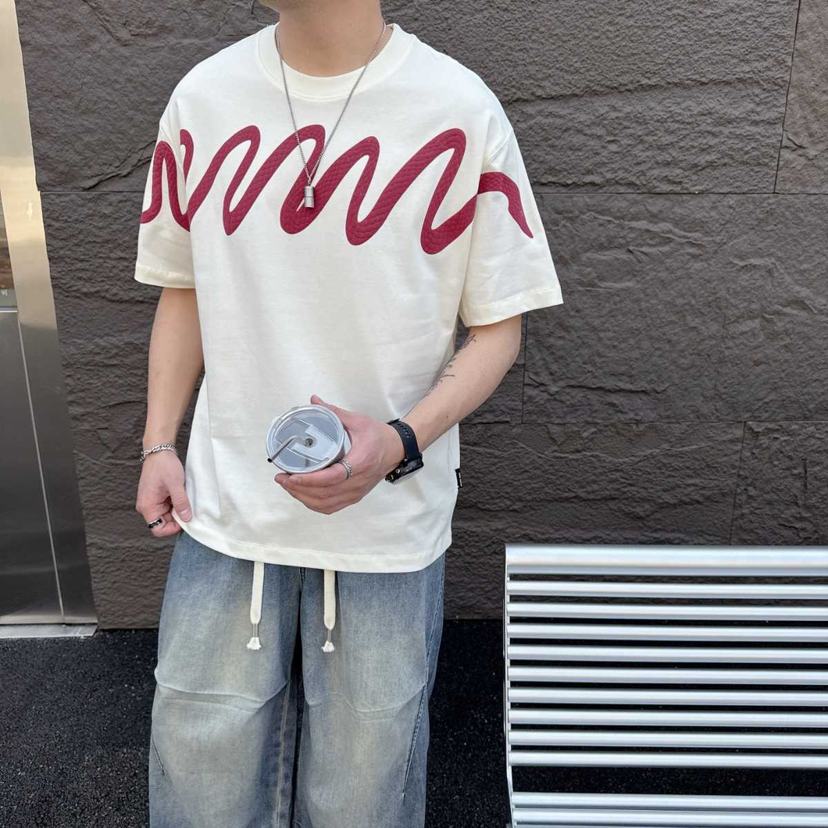 カットソー 波模様デザイン半袖カットソー