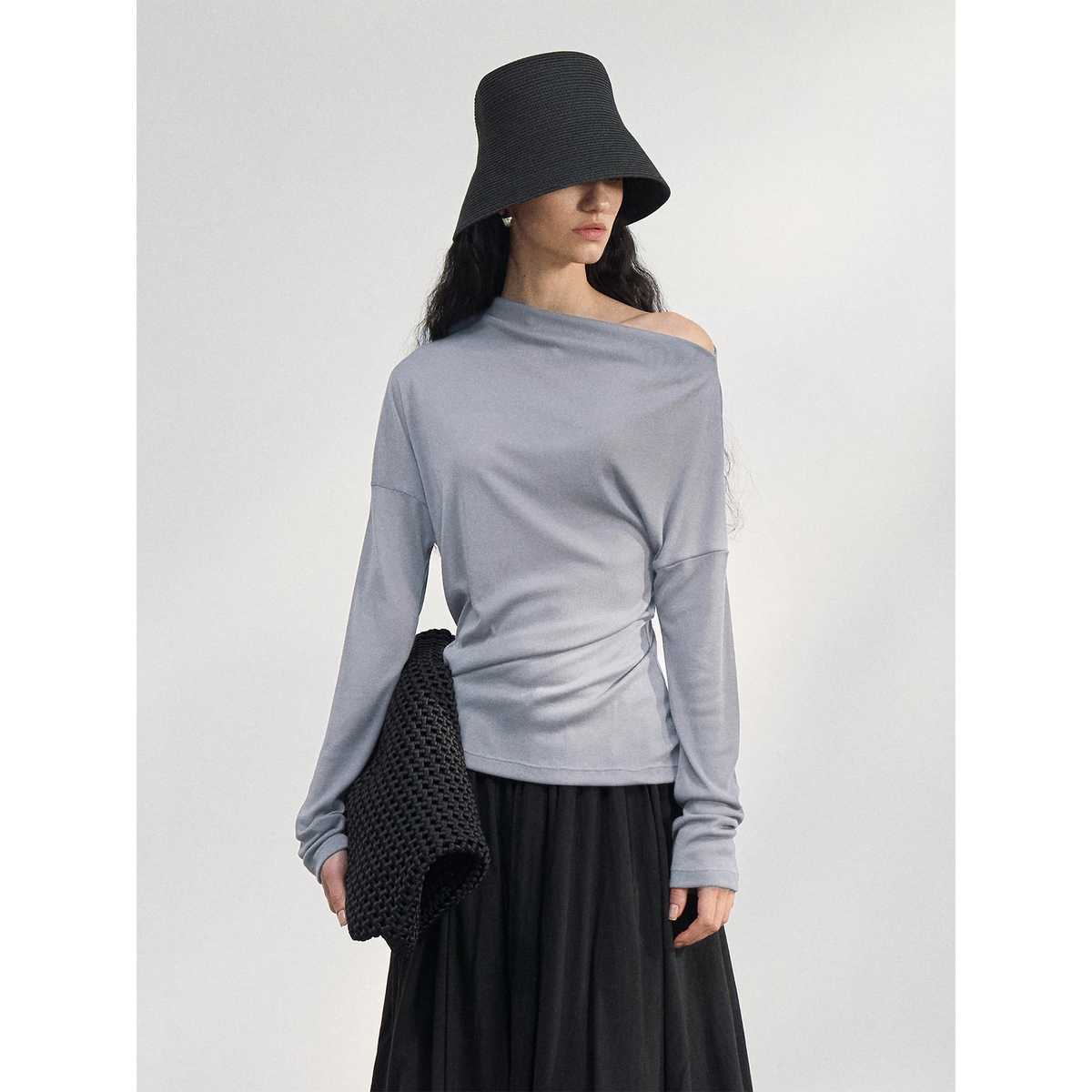 カットソー 肩見せドレープボートネック