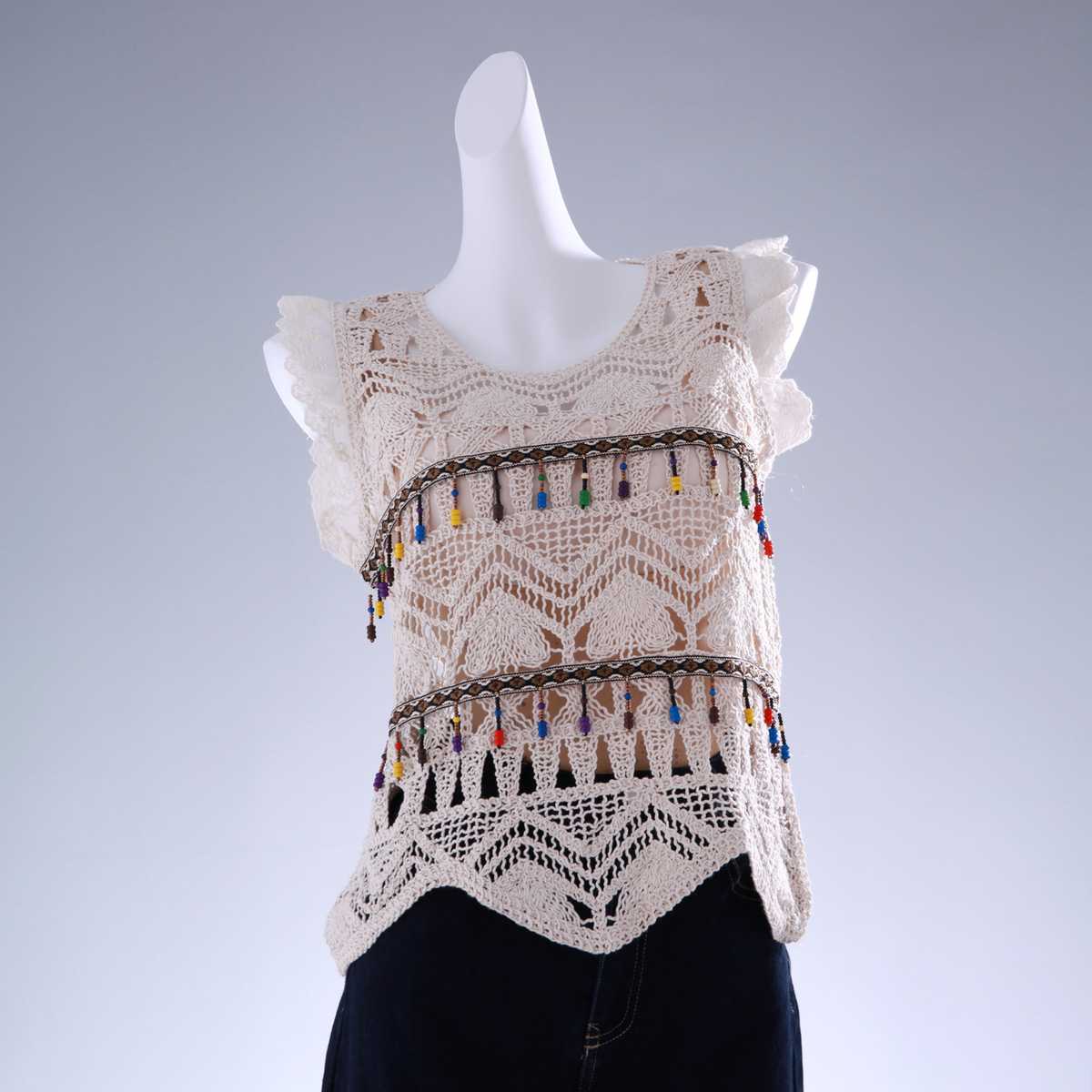 カットソー かぎ針編み飾り玉付き半袖トップス