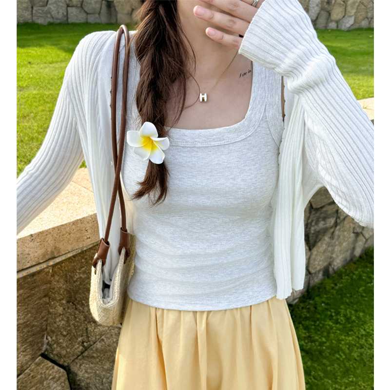 カットソー スクエアネック リブ編み半袖トップス