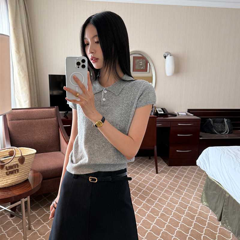 カットソー 上質編み模様ポロニットプルオーバー