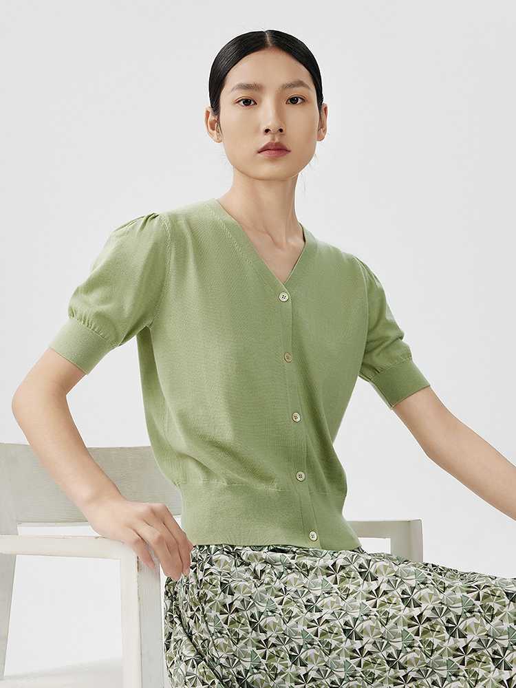 カットソー パフスリーブ 前開きVネックカットソー