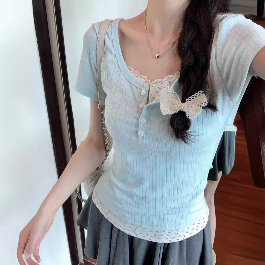 カットソー リブ編み レース切替ヘンリーネック