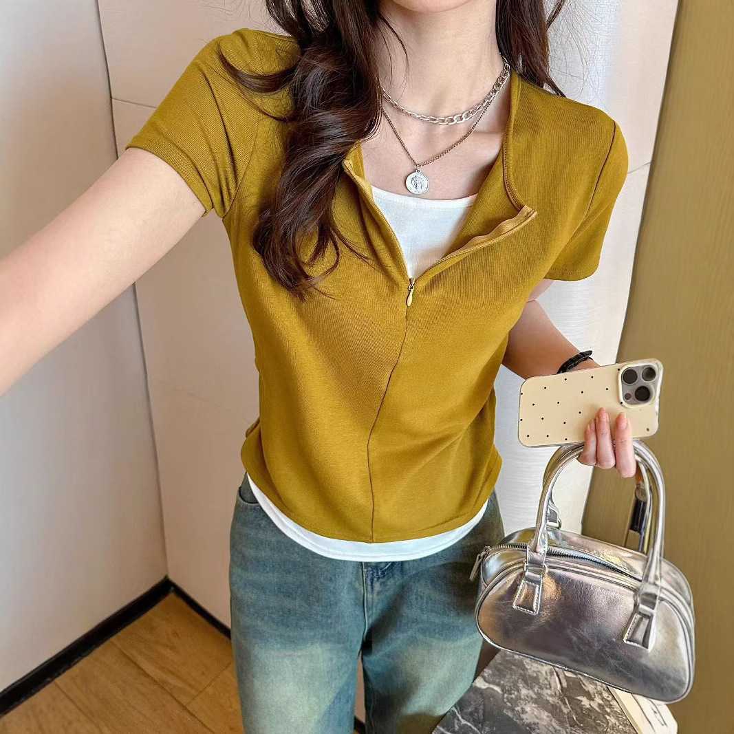 カットソー ジッパー付き重ね着風Vネックカットソー