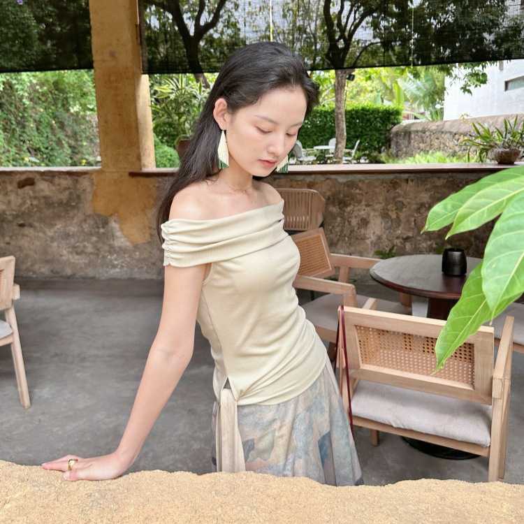 カットソー オフショルダー ドレープ七分丈カットソー