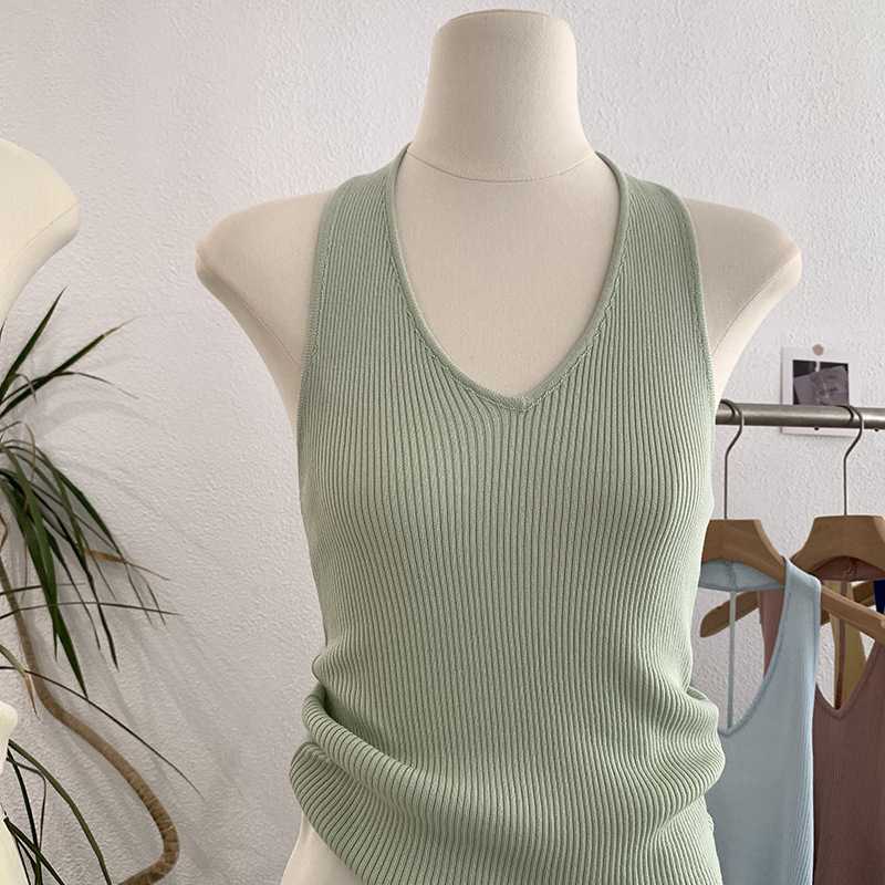 カットソー リブ編みホルターネック半袖