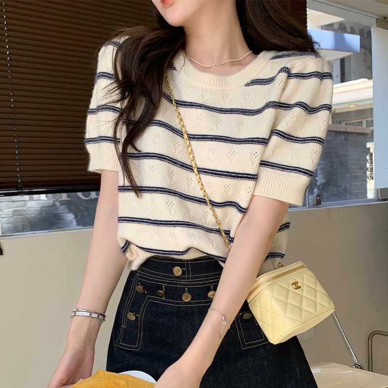 カットソー ボーダー透かし編み半袖ニット