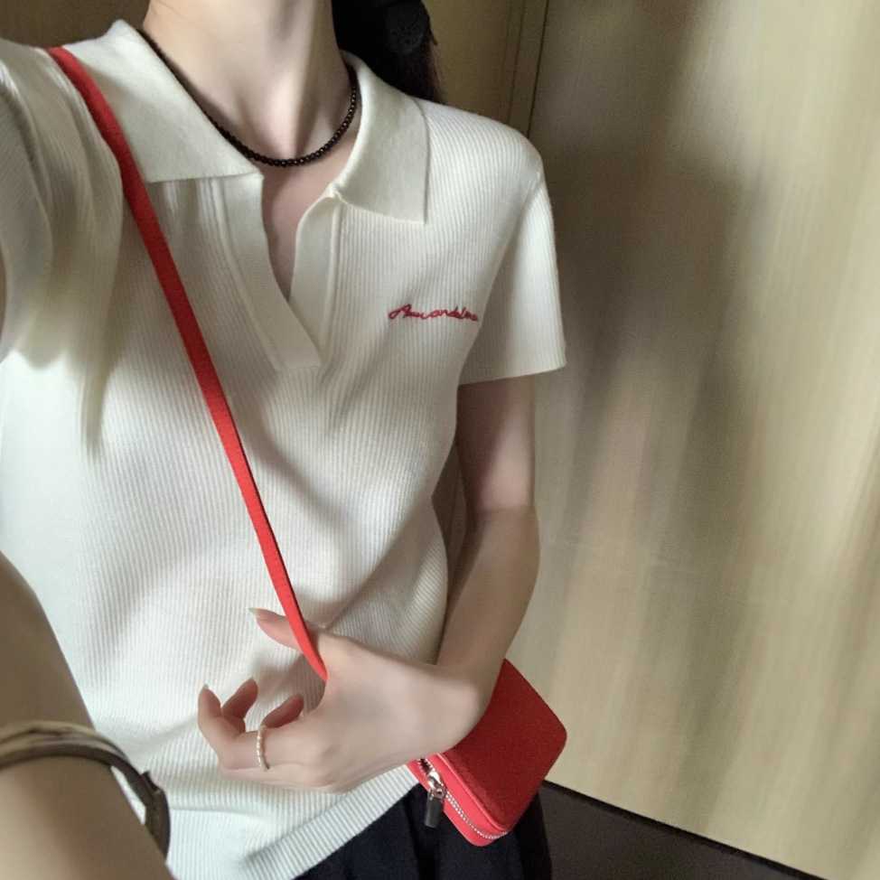 カットソー 上質リブ刺繍入りポロニット