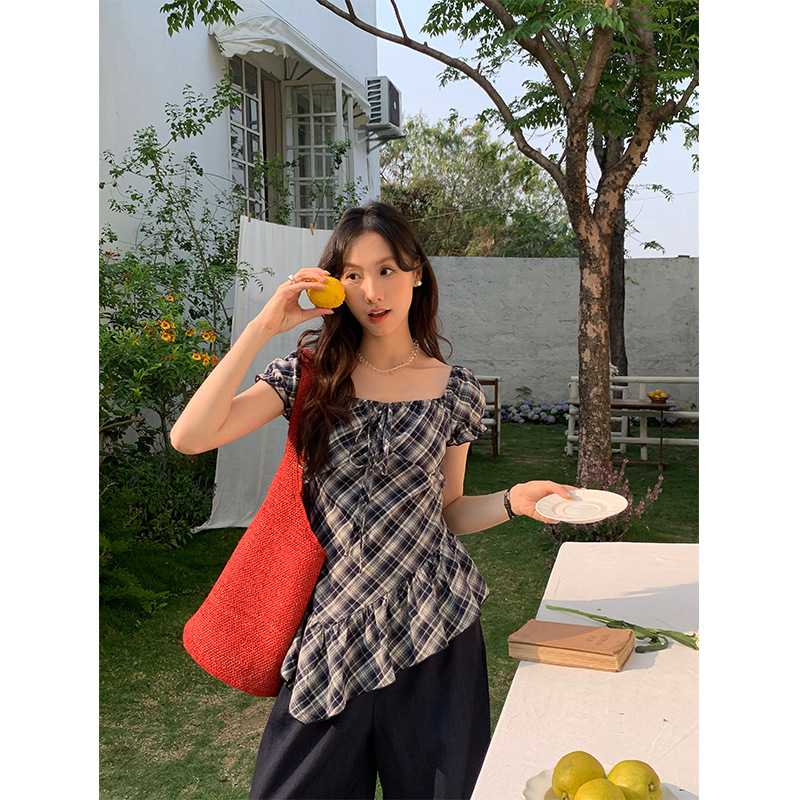 カットソー 格子柄フリルボートネックカットソー