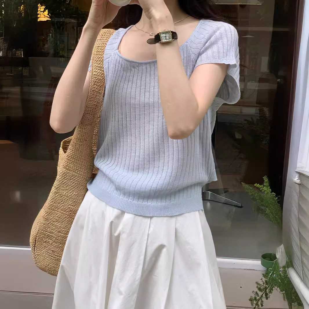 カットソー 優美ラインスクエアネック半袖ニット