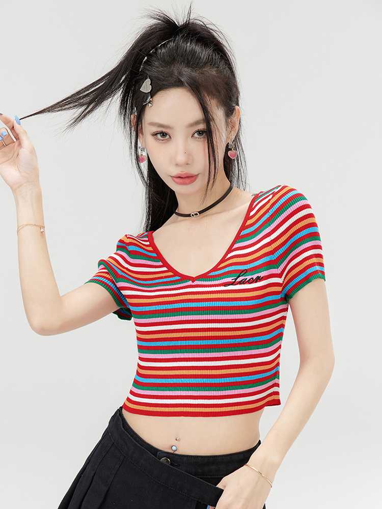 カットソー マルチボーダー七分袖カットソー