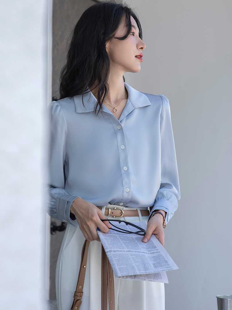 カットソー 洗練オープンカラーVネックブラウス