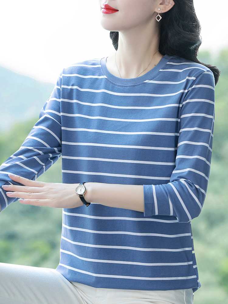 カットソー シンプル横縞クルーネック長袖