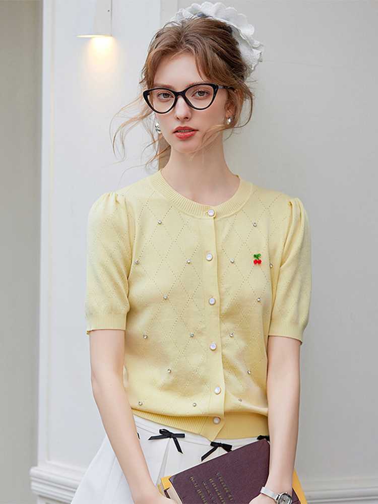 カットソー さくらんぼ刺繍 パール付きカーディガン