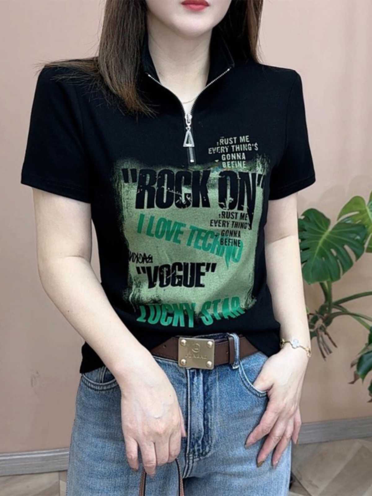 カットソー スタンドカラー ロックメッセージ 半袖