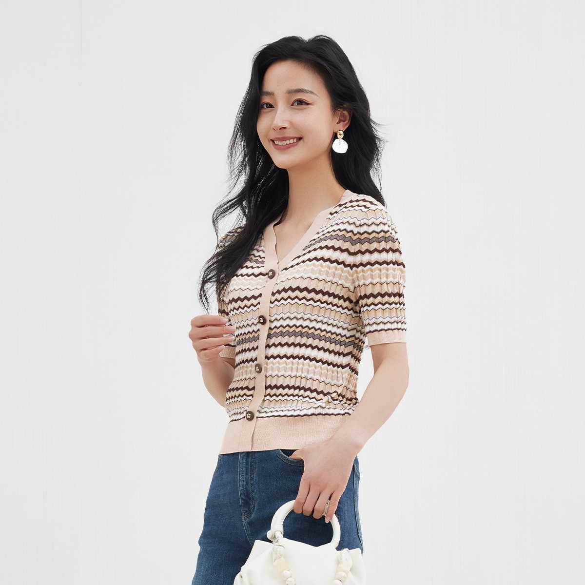 カットソー 波模様ニットVネックカーディガン