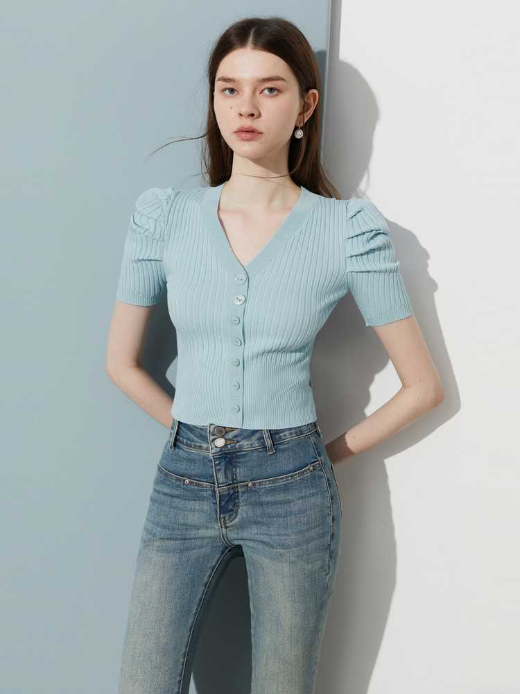 カットソー パフスリーブリブ編みボタンカットソー