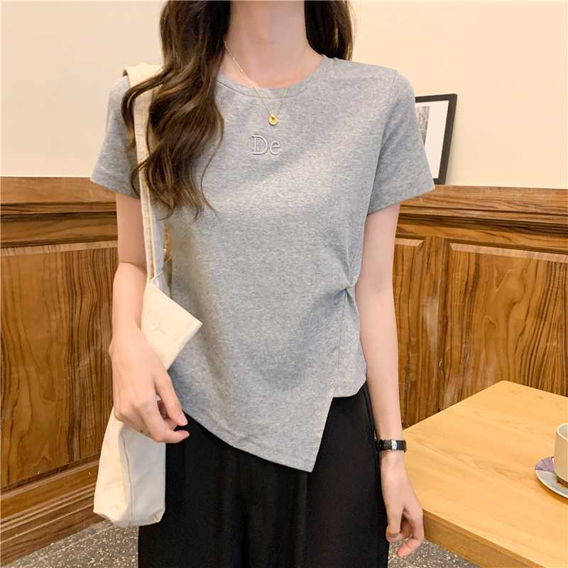 カットソー アシンメトリー裾デザイン刺繍入り半袖