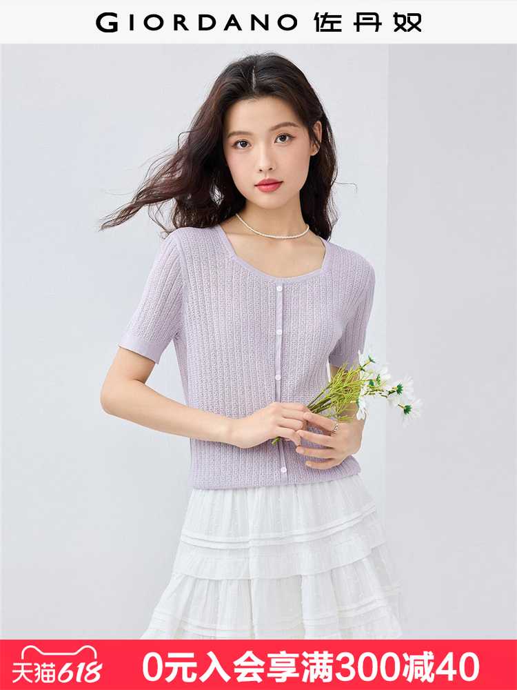 カットソー 透かし編み丸首ボタンカットソー