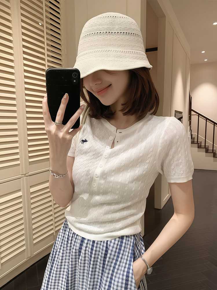 カットソー 上品ケーブルヘンリーネック半袖