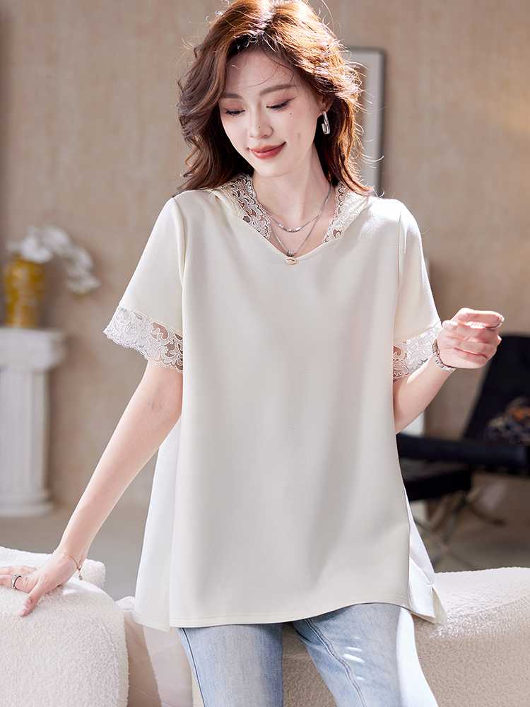 カットソー レース縁取り優美Vネックカットソー
