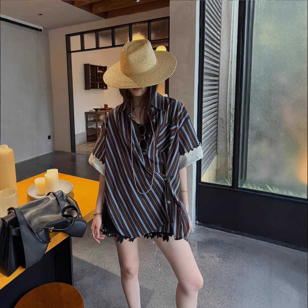 カットソー レース袖口縞模様ゆったりシャツ