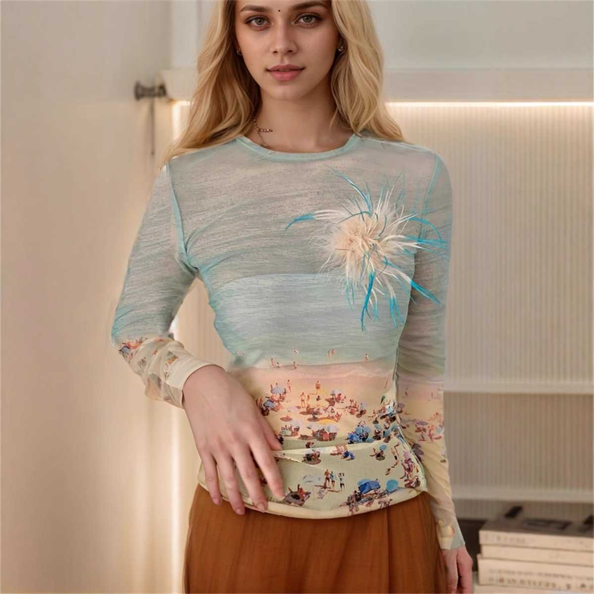 カットソー 海辺の情景 アート長袖カットソー