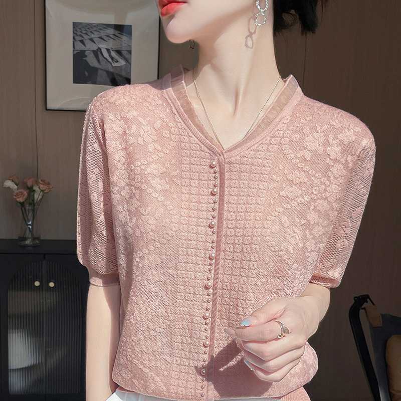 カットソー 透かし編みレース五分袖Vネックカットソー