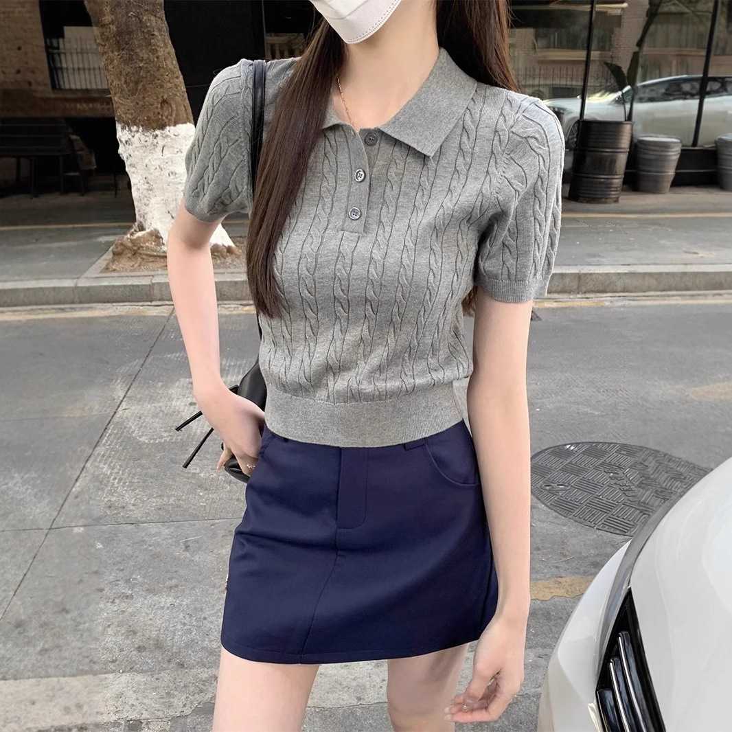 カットソー 縄編み柄ポロニット半袖