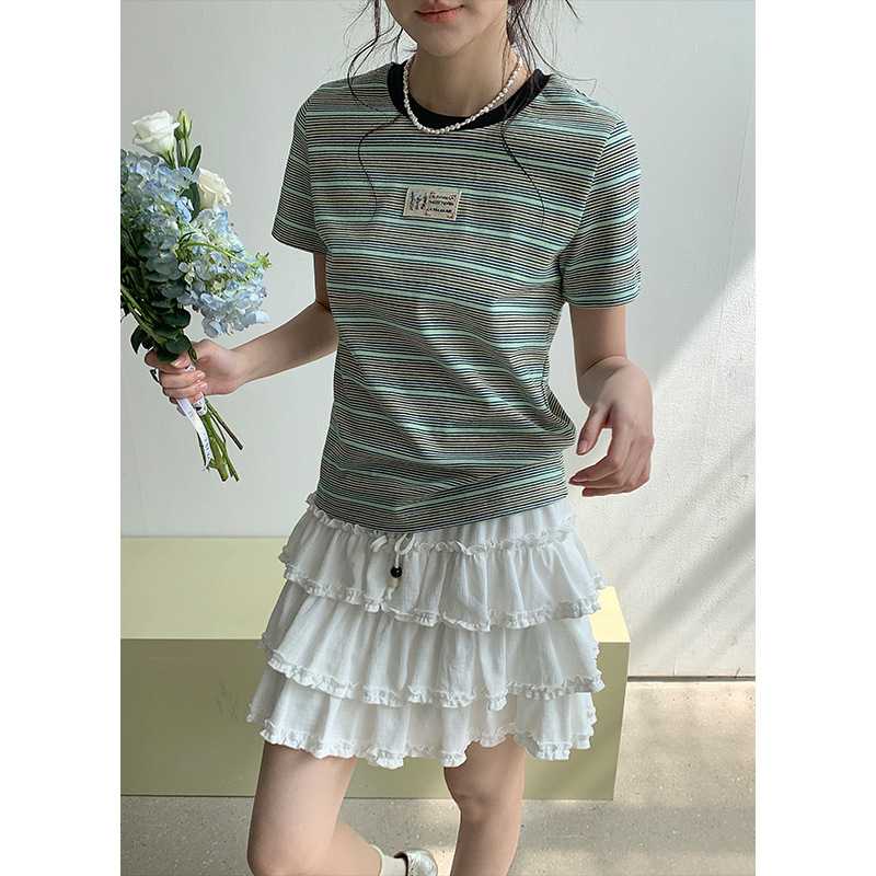 カットソー ボーダー柄ワンポイント半袖カットソー