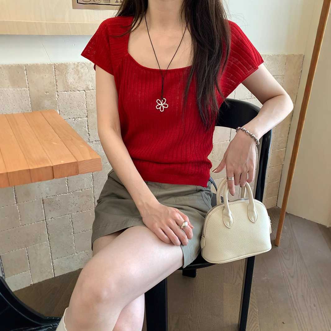 カットソー スクエアネック リブ編み カットソー