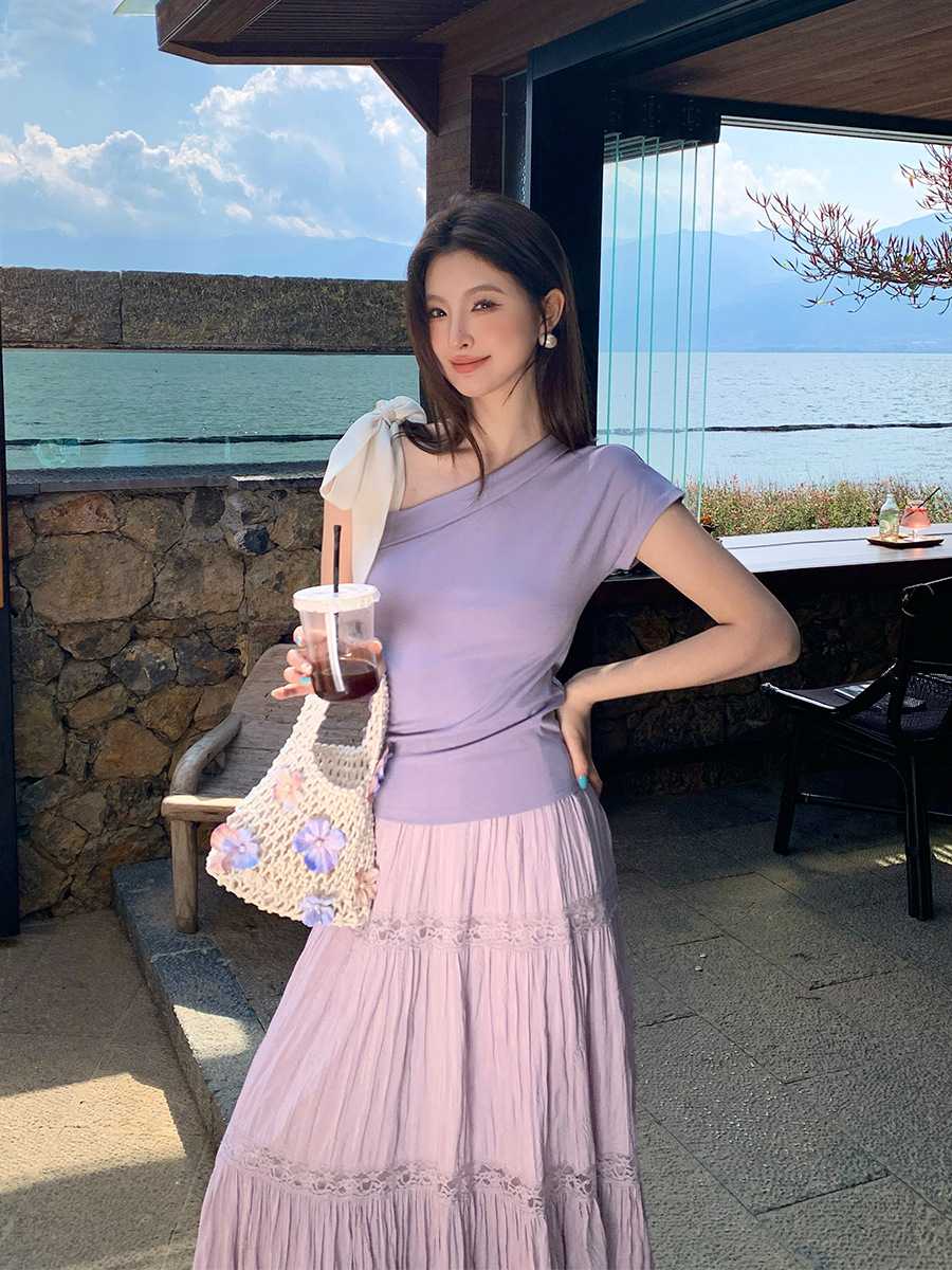 カットソー リボン飾りボートネックカットソー