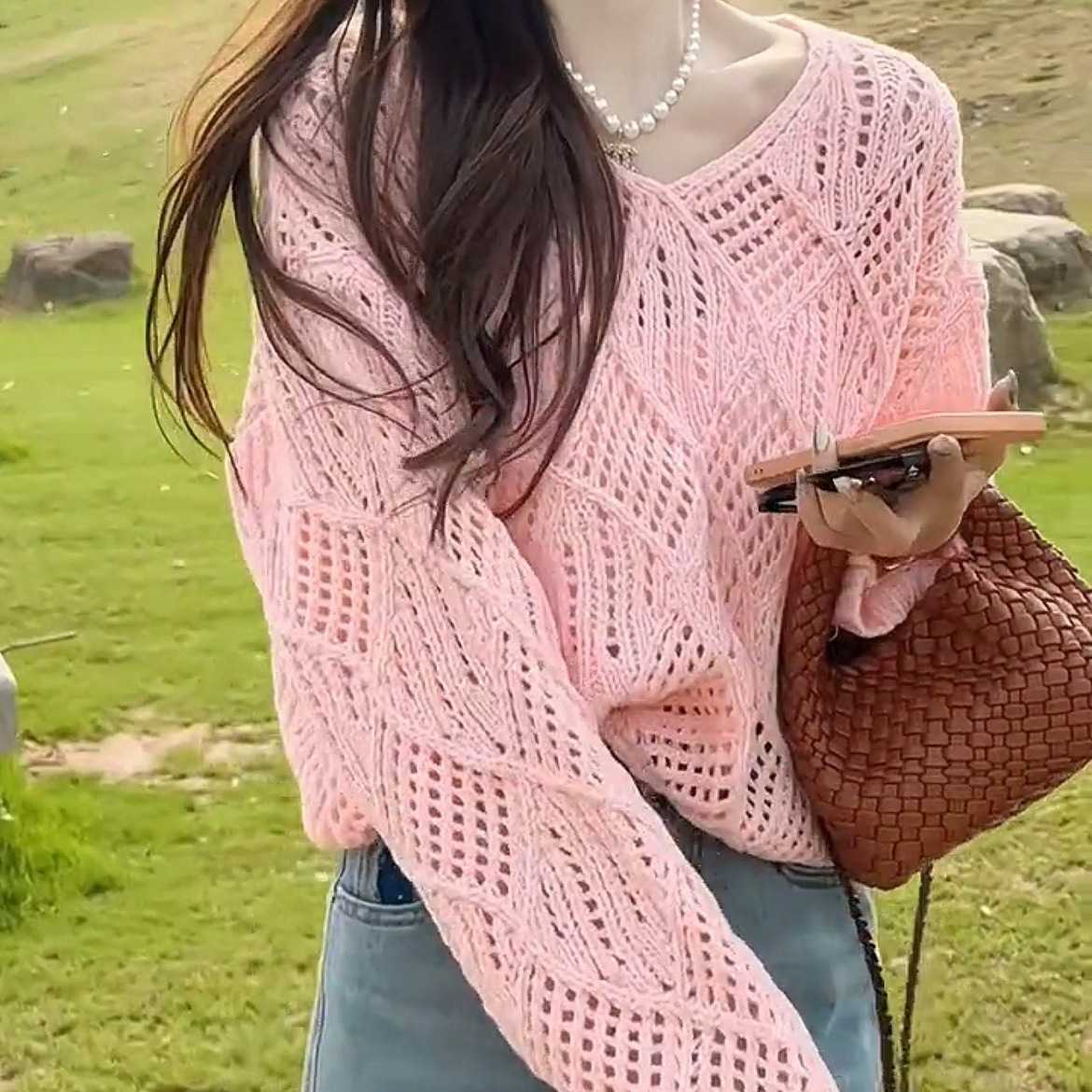 カットソー 透かし編み菱格子ニット長袖