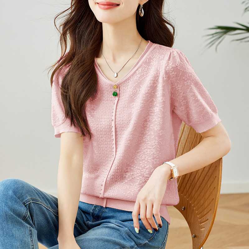 カットソー 透かし編み上品Vネックカットソー