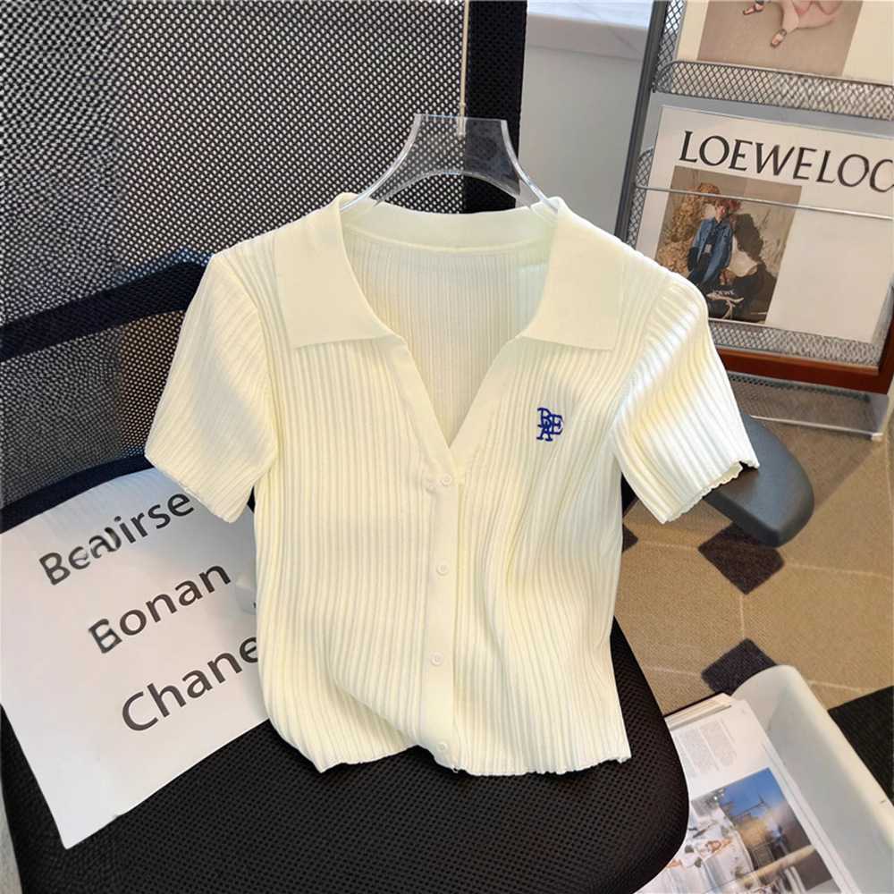 カットソー 上品リブ編みワンポイント半袖トップス