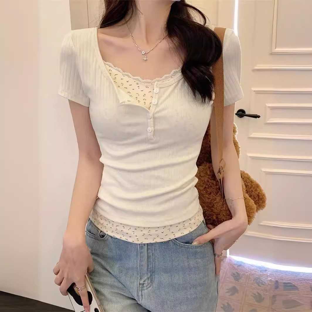 カットソー 優美レース縁取りボートネック