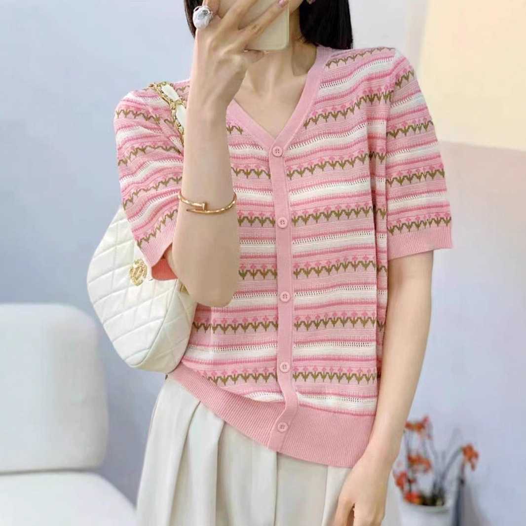 カットソー 模様編み込み半袖Vネックカットソー