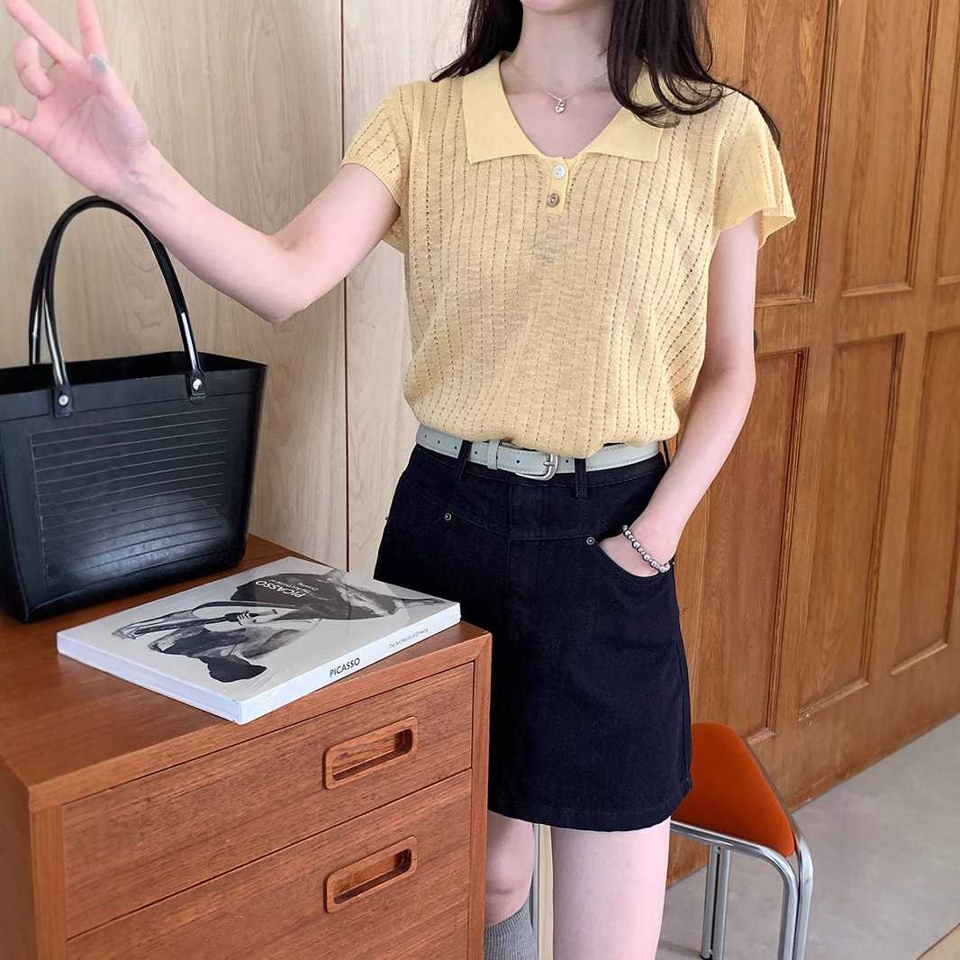 カットソー かぎ編み風襟付きポロカットソー