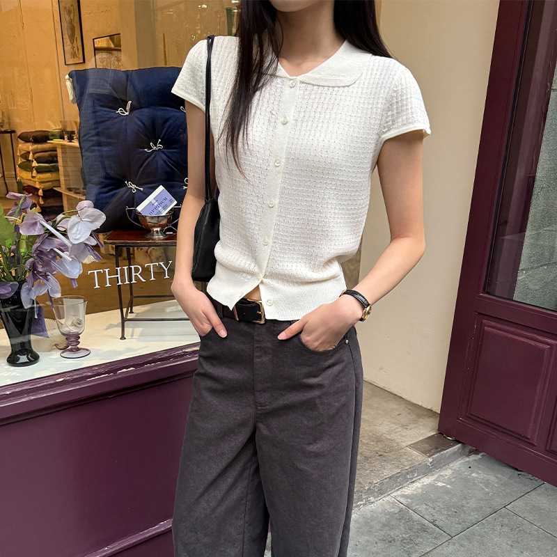 カットソー クラシック襟付きワッフル編みカットソー