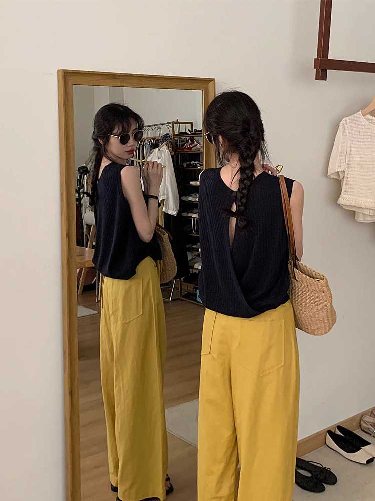 カットソー 背中開きデザイン リブニット半袖