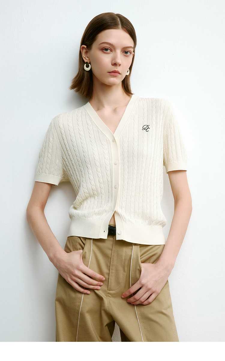カットソー 上品ケーブル編みVネックカーディガン