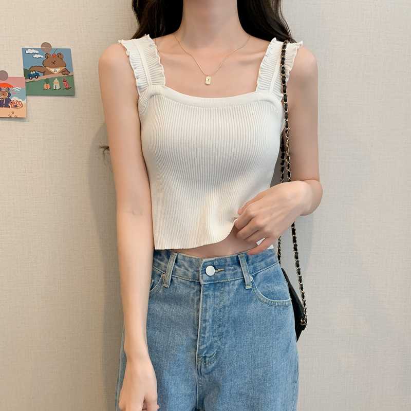 カットソー フリル肩リブ編みボートネック