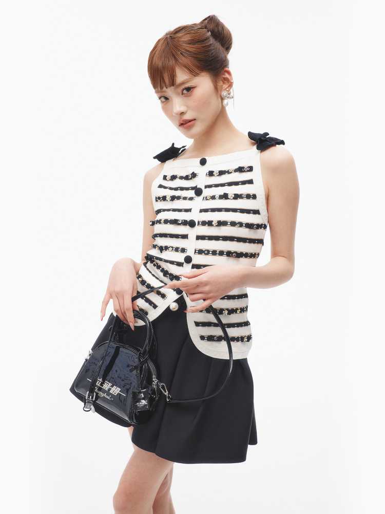 カットソー リボン結び肩飾りストライプ半袖