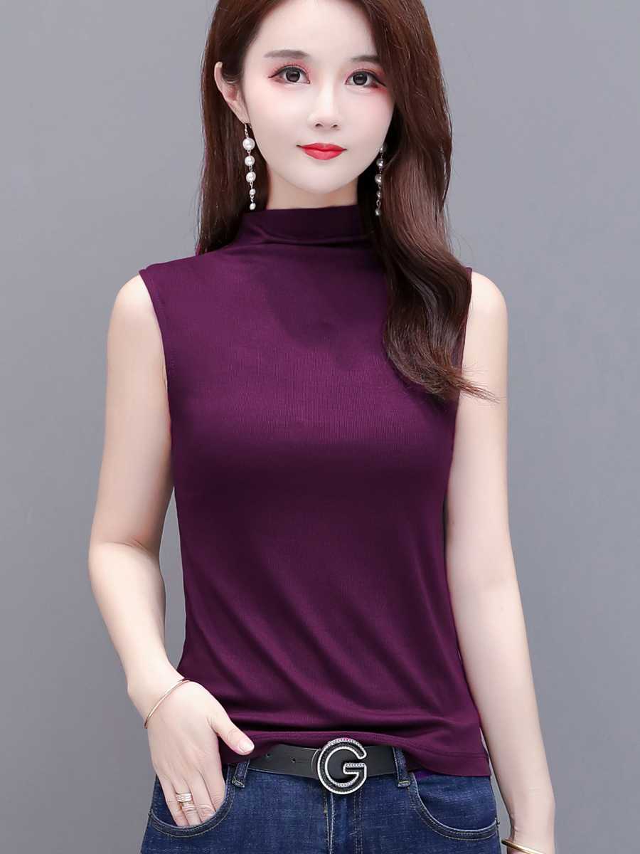 カットソー すっきり見せるノースリーブハイネック