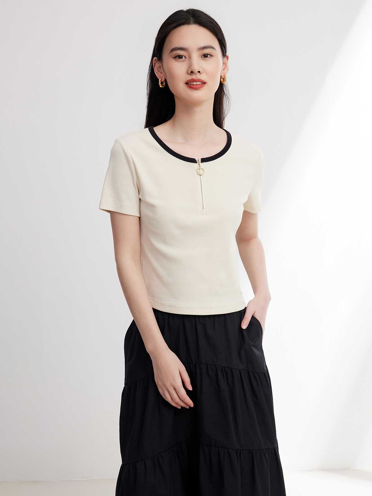カットソー 上品ジッパー装飾ラウンドネック