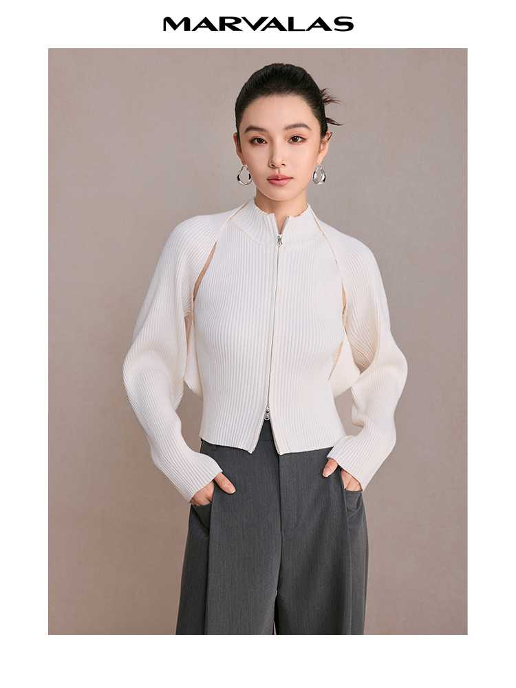 カットソー リブ編み立体デザイン長袖ジップアップ